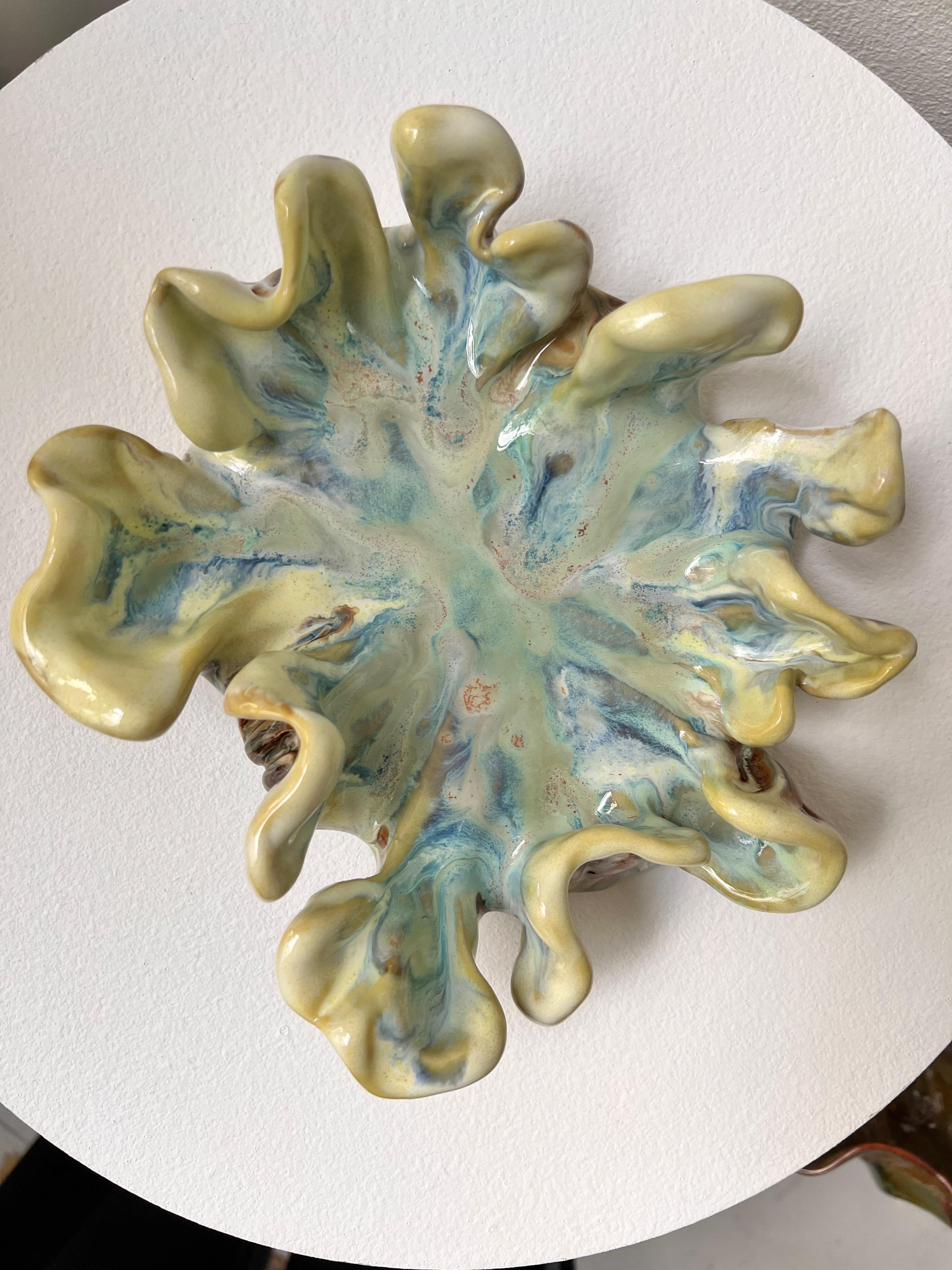 Reef Memory — glazed ceramic bowl, pastel blues and yellows, coral-like rim.
