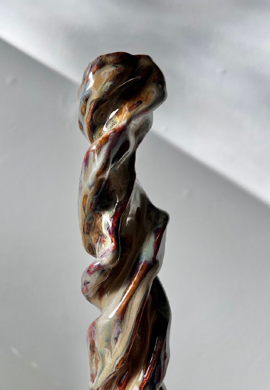 MoM, Thank You ceramic form with blood-earth marbled glaze.
